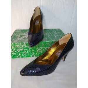 J. Renee Womens Navy Coax Snake Belly Suede Accent Pumps 3.5" Heel Shoe Sz 7.5